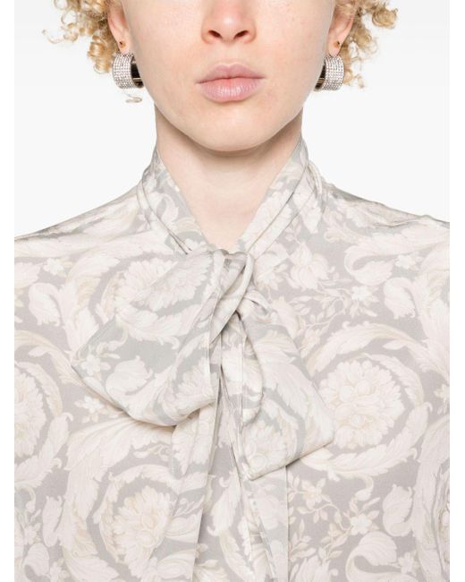 Versace White Silk Blouse With Baroque Print And Bow