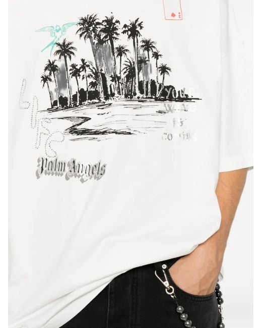 Palm Angels White Graphic-Print Rhinestone-Embellished T-Shirt for men