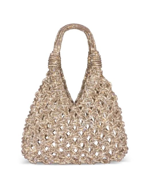 HIBOURAMA Natural Small Vannifique Crystal-Embellished Woven Tote Bag