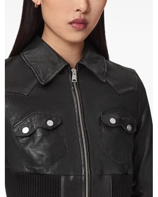 AllSaints Black Ribbed-Knit Panelled Leather Jacket