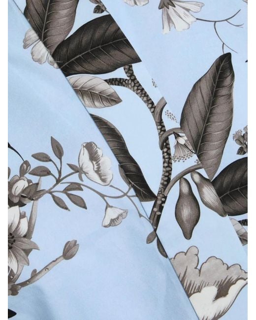 Oscar de la Renta Blue Floral Belted Shirt Midi Dress