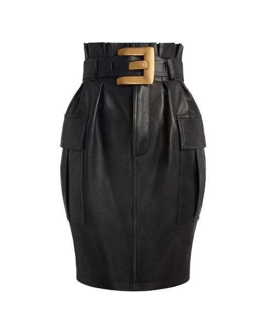 Balmain Black Belted Lambskin Skirt