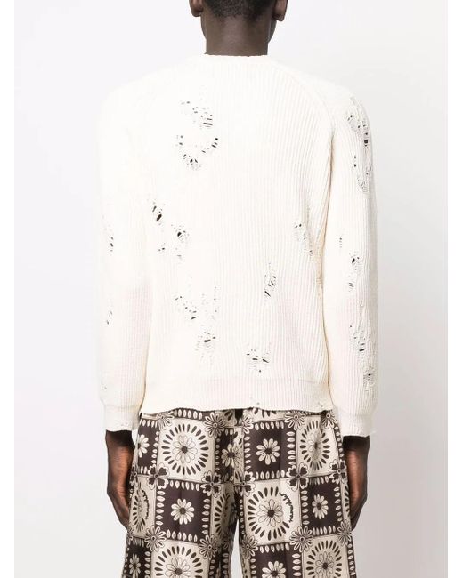 Laneus White Ripped Ribbed-Knit Jumper for men