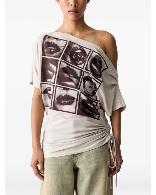 Miss Sixty Natural Graphic-Print Off-Shoulder T-Shirt
