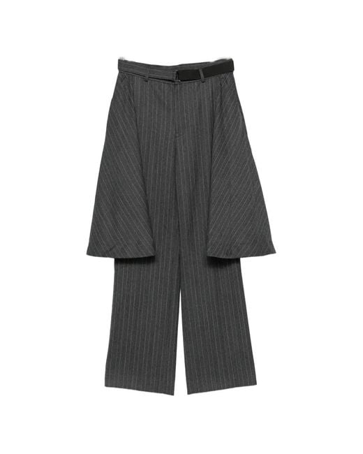 Sacai Gray Pinstripe-Pattern Peplum-Detail Trousers