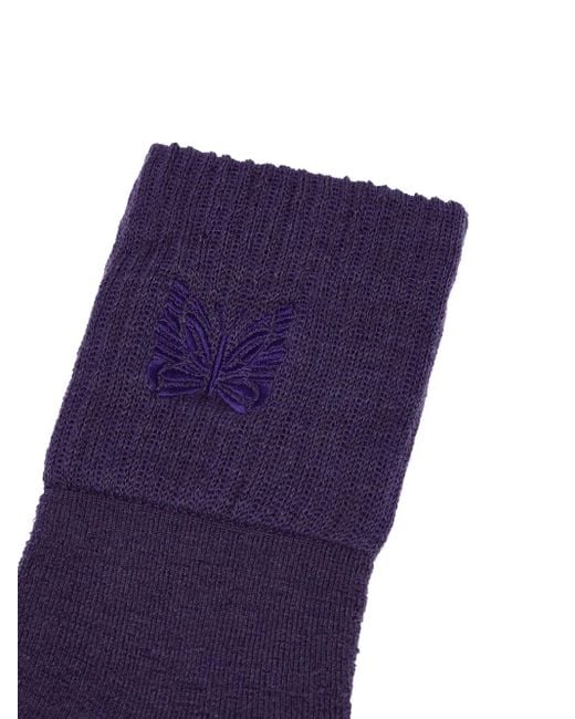 Needles Blue Butterfly Embroidered Wool Socks for men