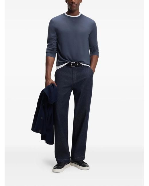 Boss Blue Crew-Neck Wool Pullover for men