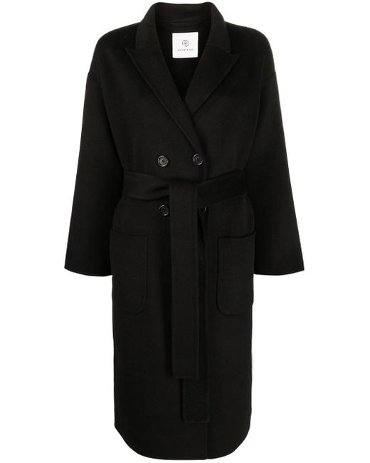 Anine Bing Belted Double-breasted Coat in Black | Lyst