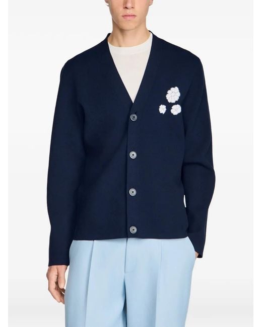 Sandro Blue Furry-Jacquard Flower Cardigan for men