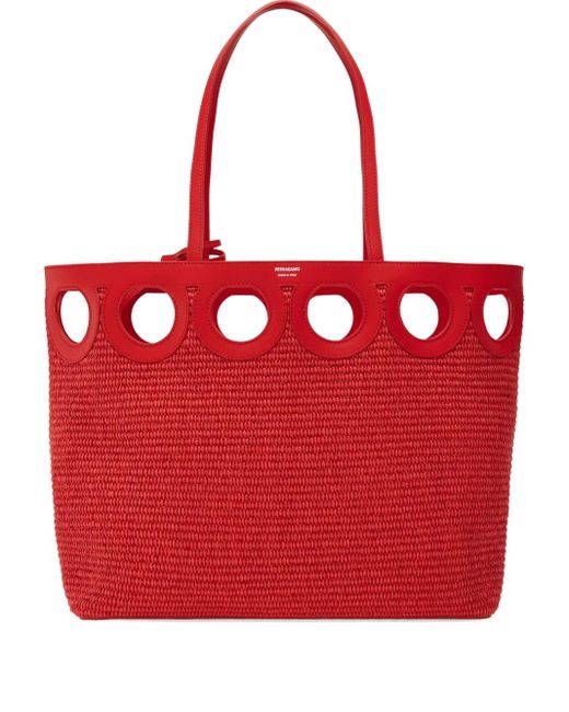 Ferragamo Red Large Raffia Tote Bag