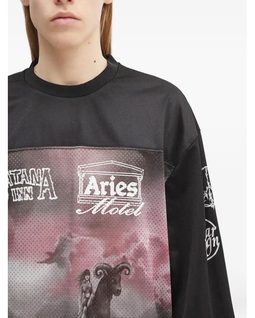 Aries Gray Mesh-Panel Graphic Long-Sleeve T-Shirt
