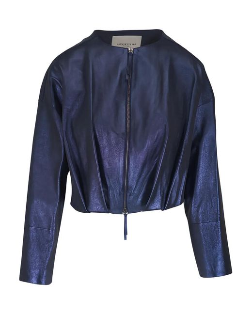 Lafayette 148 New York Blue Stardust Zipped Leather Jacket
