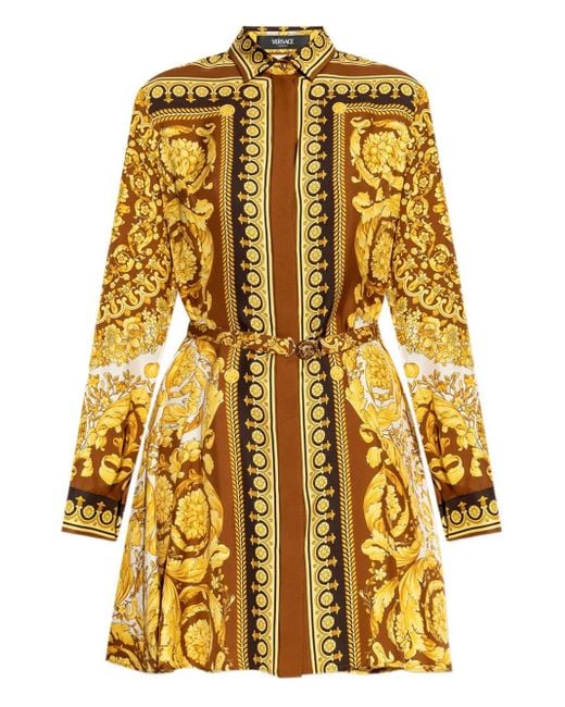 Versace Metallic Silk Belted Mini Shirt Dress