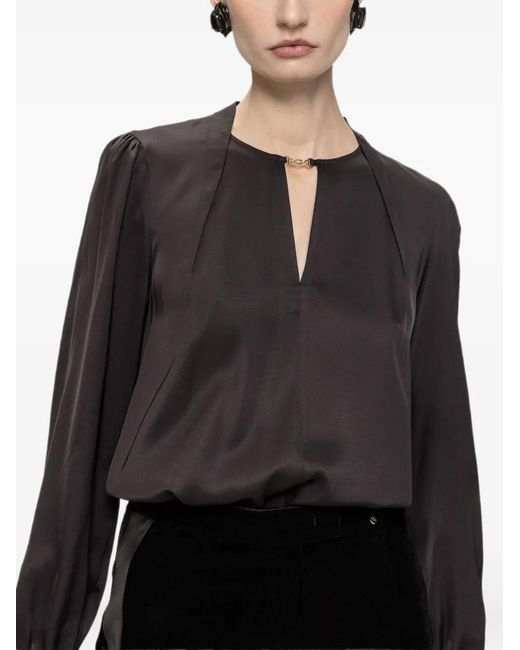 Nissa Black Satin Viscose V-Neck Top
