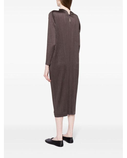 Pleats Please Issey Miyake Long-sleeved Pleated Shift Dress Brown