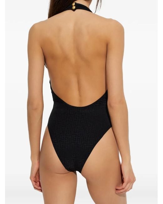Balmain Blue Monogram-Jacquard Halterneck Swimsuit