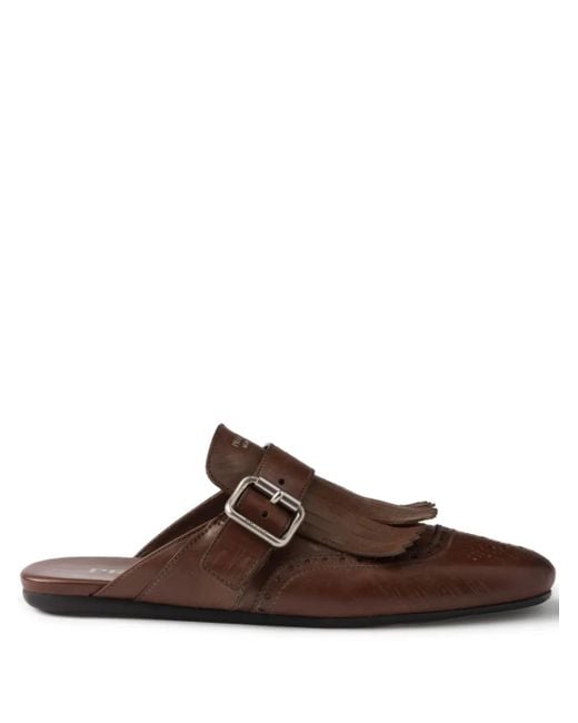 Prada Brown Leather Fringed Shuffle Mules