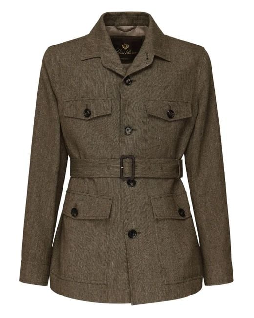 Loro Piana Green Belted Herringbone Flax Jacket for men