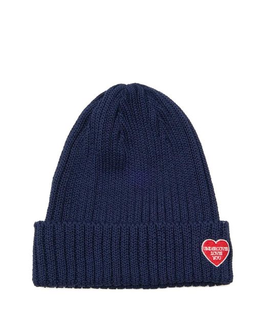 Undercover Blue Heart-Patch Ribbed Beanie Hat for men