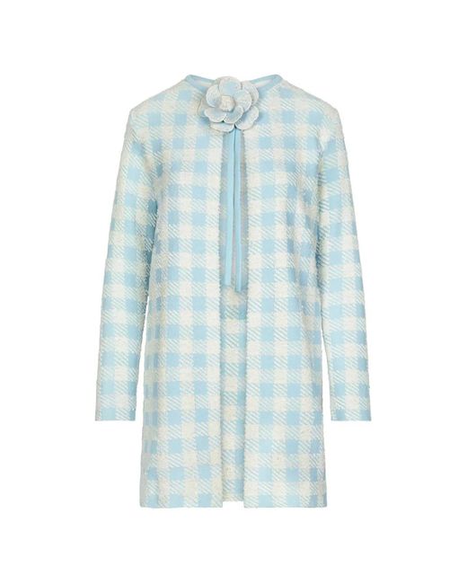 Oscar de la Renta Blue Gingham-Pattern Flower-Appliqué Coat