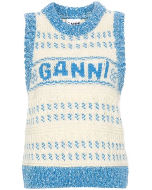 Ganni Blue Intarsien-Wollpullunder mit Logo