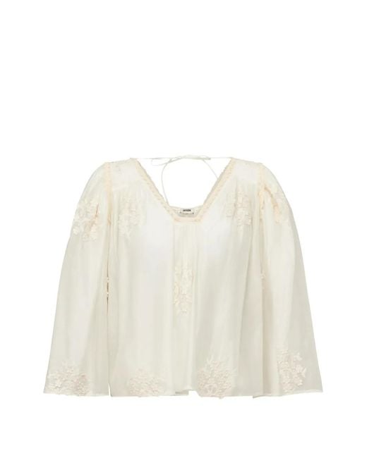 Drykorn White Ismara Floral-Embroidered Lace-Trim Blouse