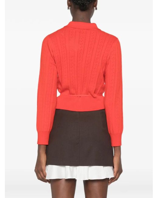 Sandro Red Lotus Pointelle-Knit Tie-Waist Cardigan