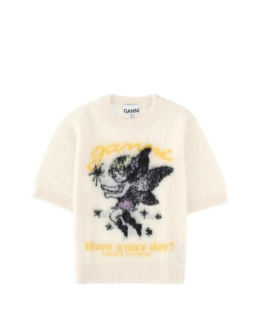 Ganni White Graphic-Detail Short-Sleeve Sweater