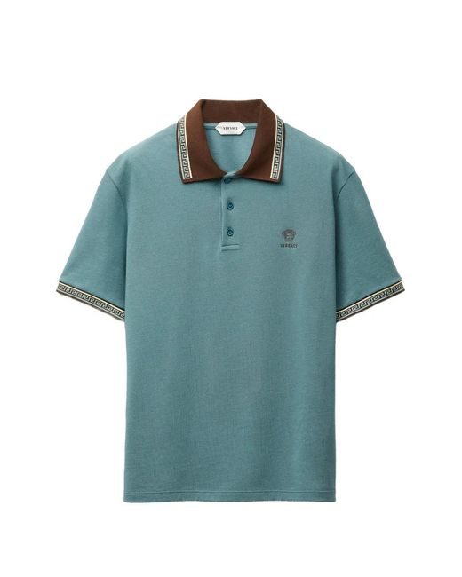 Versace Blue Greca-Trim Medusa-Embroidered Polo Shirt for men