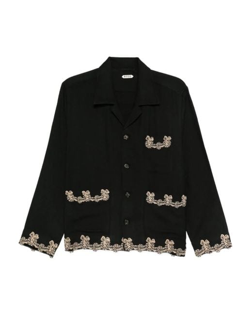 Bode Black Embroidered-Pocket Wool Overshirt for men