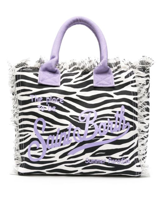 Mc2 Saint Barth White Fringed Zebra-print Beach Bag