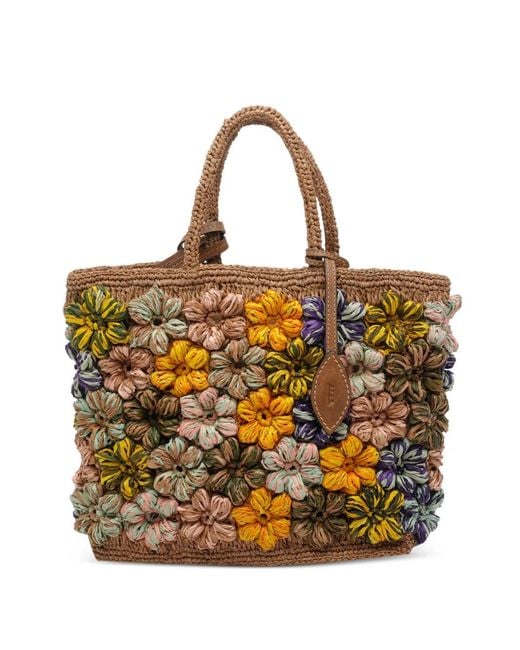 AFAR Metallic Small Floral-Appliqué Raffia Shoulder Bag