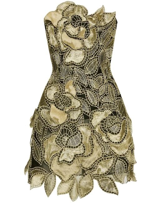 Oscar de la Renta Green Rose-Appliqué Foiled Mini Dress