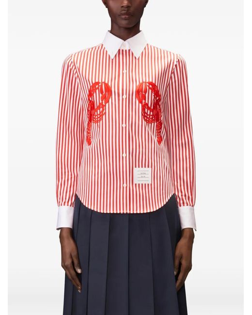 Thom Browne Pink University Stripe Lobster-Appliqué Shirt