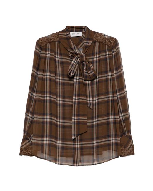 ERMANNO FIRENZE Brown Check-Print Lace-Trim Blouse