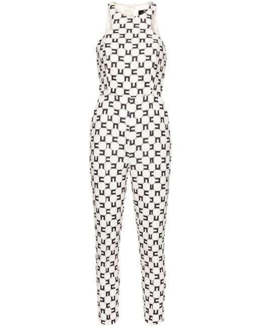 Elisabetta Franchi White Krepp-Jumpsuit mit Monogramm-Print