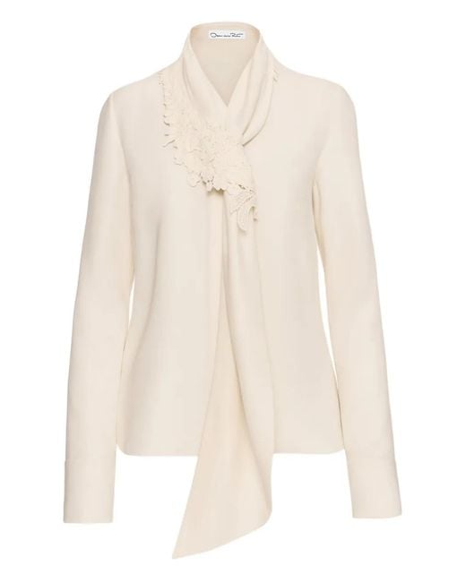 Oscar de la Renta White Tie-Neck Georgette Blouse