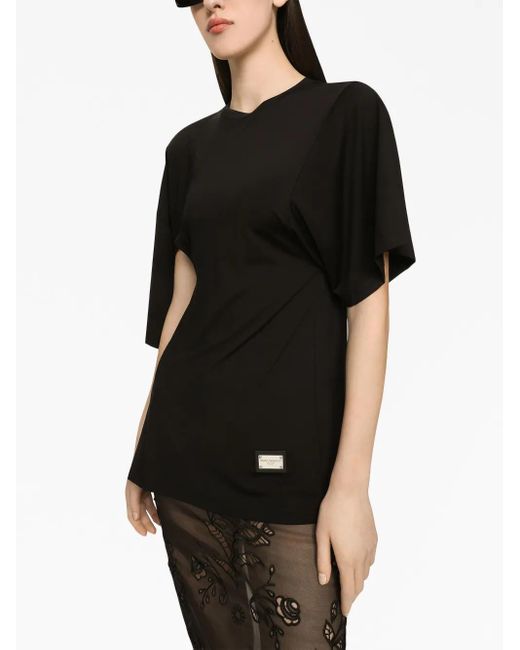 Dolce & Gabbana レディース ブラック ロゴ アシンメトリー Tシャツの 
