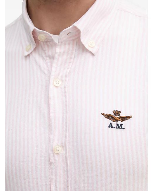 Aeronautica Militare White Vertical-Stripe Logo-Embroidered Shirt for men