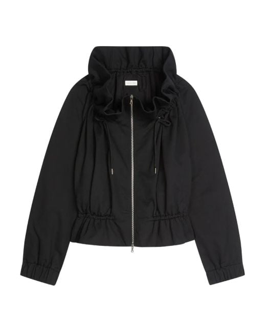 Dries Van Noten Black Ruffled-Neck Zip-Up Jacket