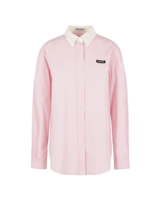 Miu Miu Pink Cotton Poplin Shirt With Logo Patch