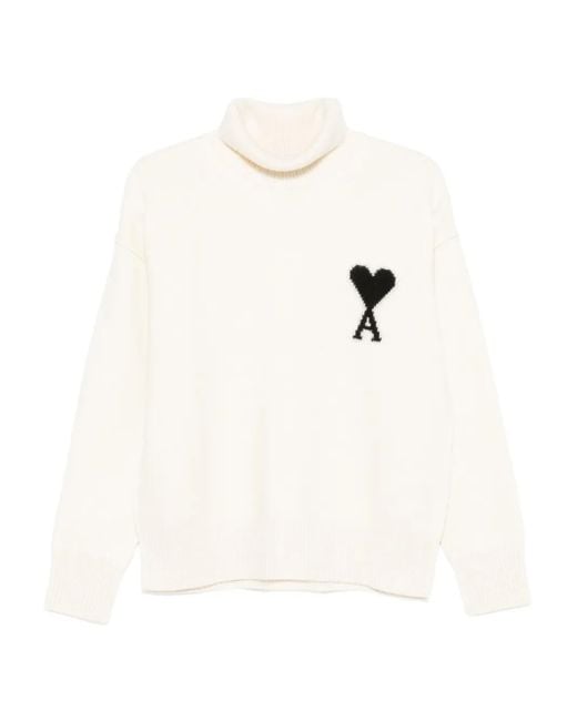 AMI White Ami De Coeur Logo Turtle-Neck Sweater