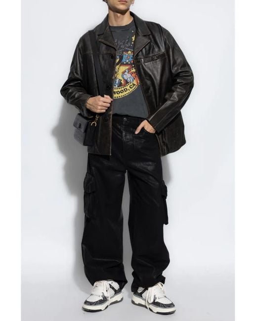Amiri Black Notched Collar Leather Biker Jacket for men