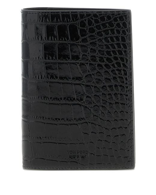 Tom Ford Black Crocodile-Print Passport Holder for men
