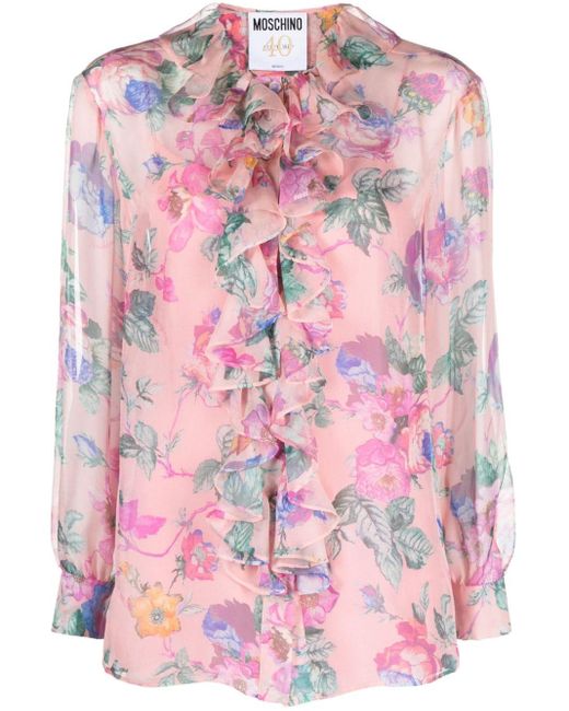 Moschino Pink Floral-print Ruffled Blouse
