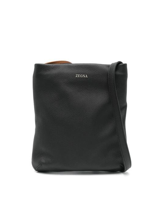 メンズ Zegna レザー メッセンジャーバッグ Black