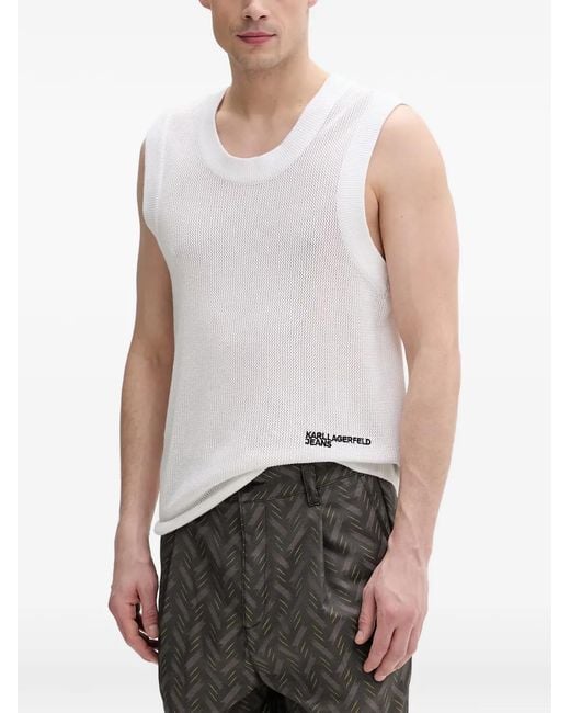 Karl Lagerfeld White Logo-Embroidered Open-Knit Vest for men