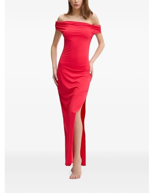 Bondeye Red Off-Shoulder Ruched-Sleeve Maxi Beach Dress