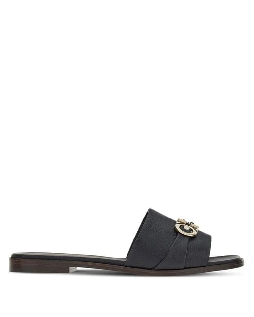 Ferragamo Black Gancini Leather Flat Sandals