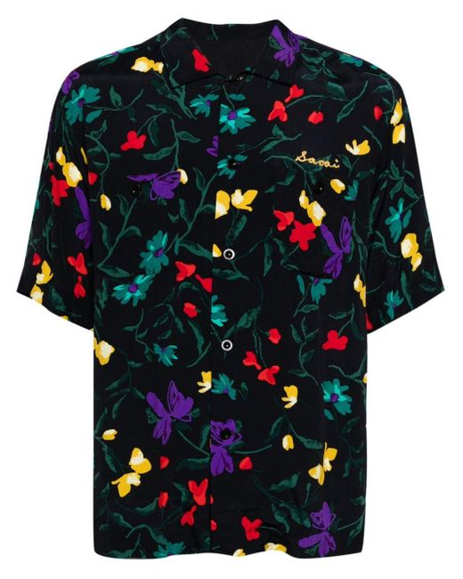 Sacai Black Embroidered-logo Floral-print Shirt for men
